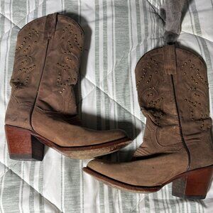 Dan Post Women's Brown Leather Cowboy Boot Size7‎ M with Embroidery and Studding